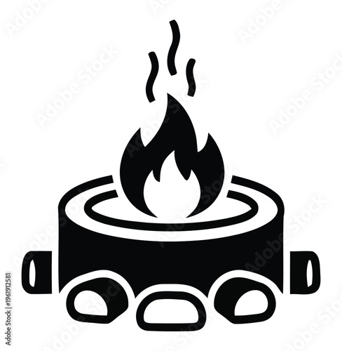 Stylized black and white icon of a campfire or fire pit with flames and smoke rising, surrounded by rocks.