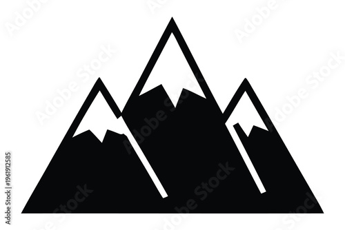 Simple black and white icon of three stylized mountain peaks with snowy caps, representing a range or outdoor adventure.