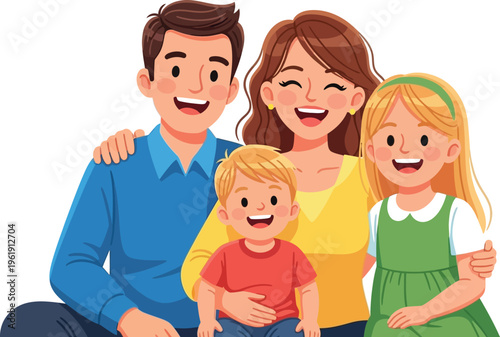 Happy cartoon family of four smiling together against a white background.