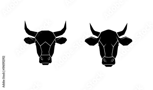Geometric cow and bull head silhouettes vector modern black animal icons isolated on white background