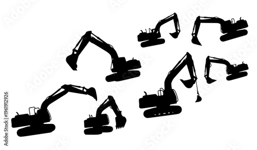 Hand drawn excavator silhouettes vector collection with dynamic construction machines isolated on white background