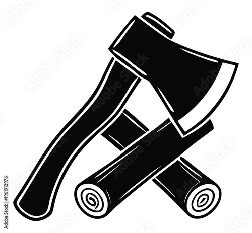 Black and white graphic illustration of a sharp axe resting diagonally across two cut logs, symbolizing forestry or lumberjack work.