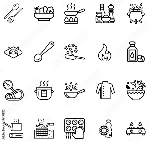 Collection of cooking and kitchen in black outline a white background food utensil