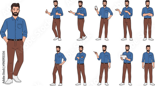 Modern Bearded Young Man Business Casual Character Set in Blue Shirt Holding Tablet Smartphone Pointing and Thumbs Up Poses for Corporate Communication Vector Illustration