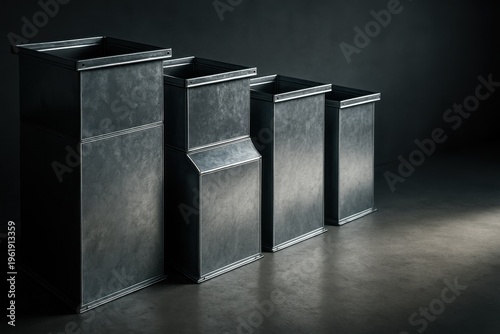 Set of galvanized HVAC duct plenums in different sizes, representing ventilation systems and industrial air distribution.