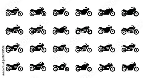 Motorcycle Icons Collection: Diverse Styles of Bikes in Silhouette