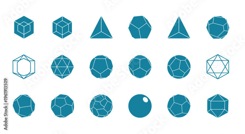 Geometric solids and platonic shapes arranged in a linear composition