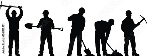 Construction worker silhouette collection, labor outline figure, excavation motif illustration, mining icon art, manual design graphic, hard hat posture symbol image