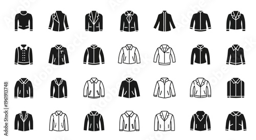 Collection of jacket icons, outerwear clothing symbols, fashion apparel vector illustrations