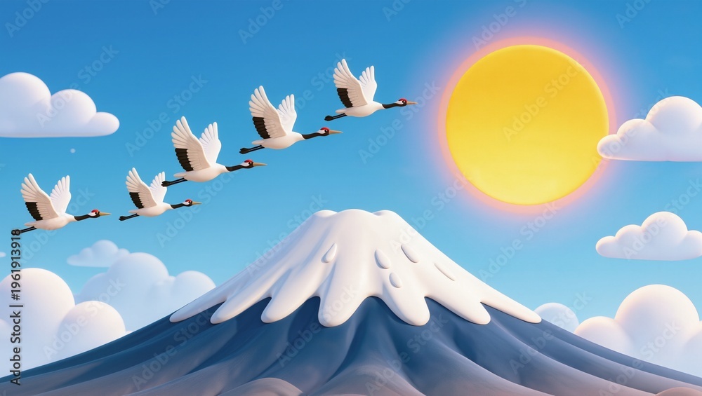 Naklejka premium Mount fuji in Japan, cranes, birds, wildlife and nature