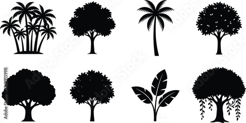 Tree and plant silhouette set, diverse species icons including palm, banana, banyan, deciduous, and broadleaf forms - flat vector illustration