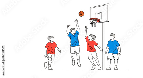 Kids playing basketball and trying to score on a hoop.