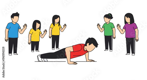 Person doing push ups while others stand nearby observing.