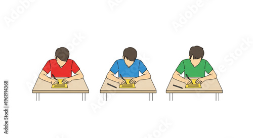 Students sitting at desks writing or studying in class.
