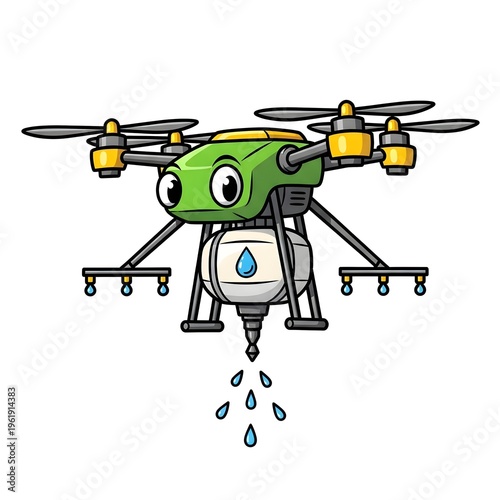 Whimsical cartoon drone for agricultural spraying, featuring a friendly face and dropping water droplets from its tank, perfect for illustrating innovative farming techniques