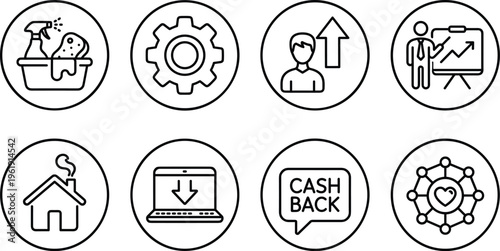 Service business icons set, cleaning settings growth presentation home download cashback community symbols, modern line UI circular vector design collection