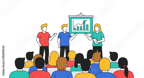 Speaker presenting information to a large audience.
