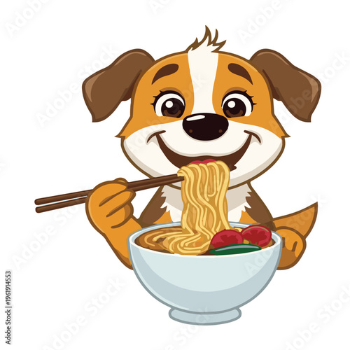 cute cartoon puppy dog happily eating noddles