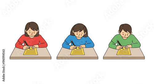 Students sitting and studying at desks in classroom.