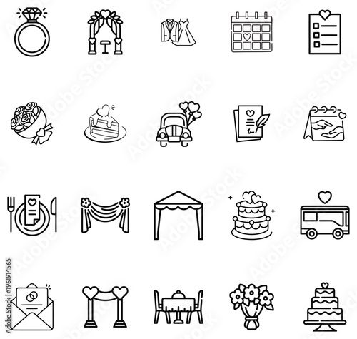 Collection of wedding celebration including rings cake car and attire