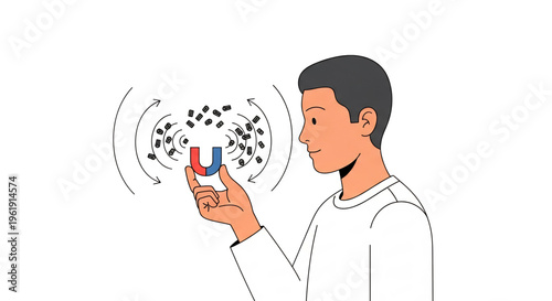 An illustration of a person holding a magnet with visible magnetic field lines and attracted particles.
