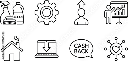 Service business line icons, cleaning settings growth presentation home download cashback community symbols, modern outline UI vector design collection