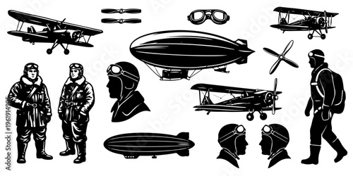 Vintage early aviation set. Biplanes, zeppelins, pilots, and flying accessories vector illustration silhouettes
