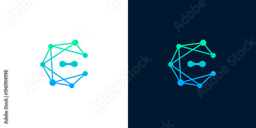 Dynamic letter E logo, featuring a vibrant blue and green gradient network of interconnected nodes, symbolizing digital innovation, technology, and advanced communication for modern business