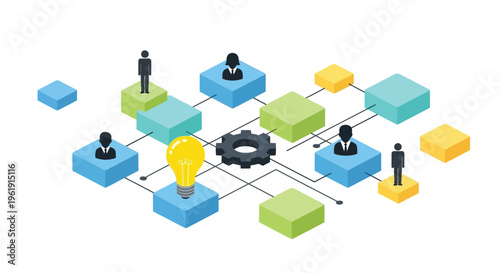Isometric illustration of interconnected business concepts with people and ideas