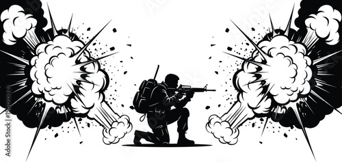 Soldier silhouette collection, combat outline figure, military motif illustration, warfare icon art, battle design graphic, explosive posture symbol image