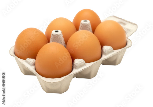 Brown eggs in cardboard carton, isolated on white background