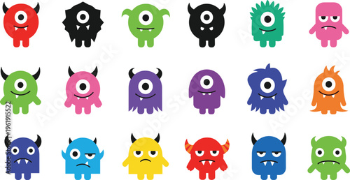 One Eyed Cartoon Monster Icon Set with Cute Funny Creatures Colorful Fantasy Mascots for Kids Stickers Games and Vector Illustration Design.