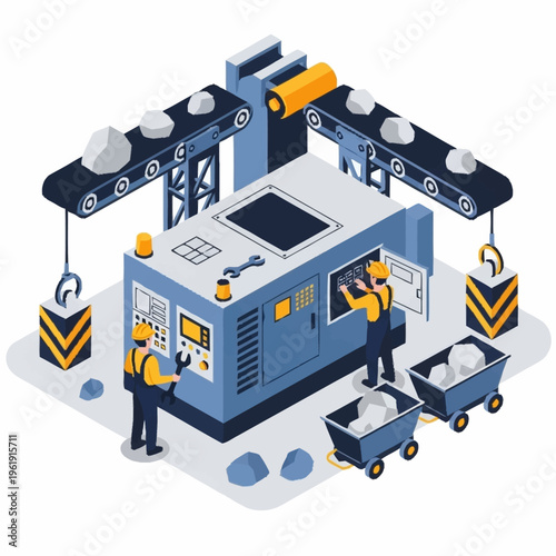 Isometric mining and quarrying industry with workers and machinery.