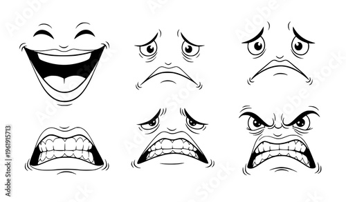 A collection of six cartoon faces with different emotive expressions and mouths