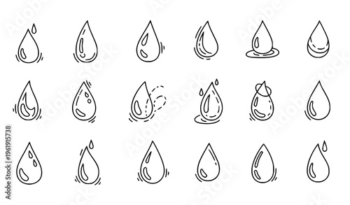 A collection of 15 unique hand drawn water droplet illustrations in black lines on a white background
