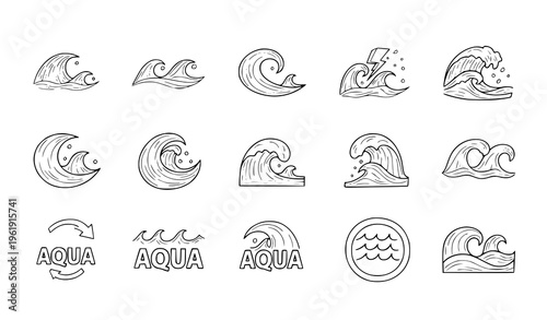Collection of 13 wave and aqua logos and icons