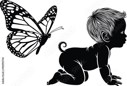 Baby silhouette collection, butterfly outline figure, childhood motif illustration, innocence icon art, exploration design graphic, nature posture symbol image