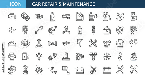 Car repair and maintenance line icon set with automotive service tools engine battery oil diagnostics outline vector collection for mechanic workshop
