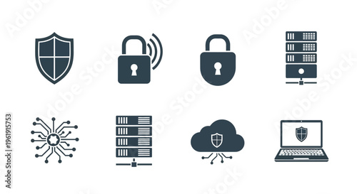 Cybersecurity icons depicting network protection data security and server safety