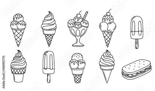 A collection of various ice cream and frozen treat illustrations