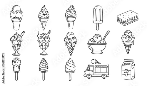 A collection of 15 different ice cream illustrations in various cones bowls and containers with a truck and carton