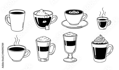A collection of eight different coffee drinks in various cups and mugs