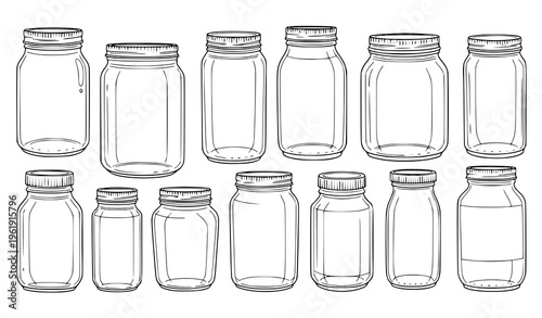 Collection of empty glass bottles and jars with screw on lids