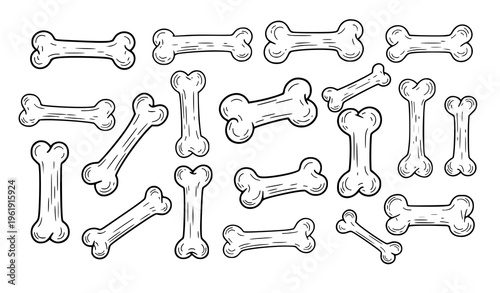 Collection of 20 hand drawn cartoon dog bones in various orientations