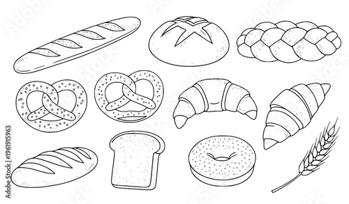 A variety of bread and baked goods illustrations