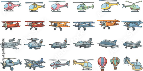 Aircraft collection with helicopters, airplanes and hot air balloons in different styles transport vector illustration set