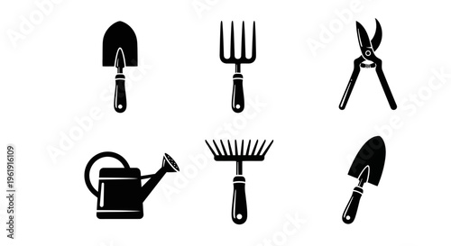 Gardening Tools Set Icon Collection - Shovel, Fork, Pruners, Watering Can, Rake