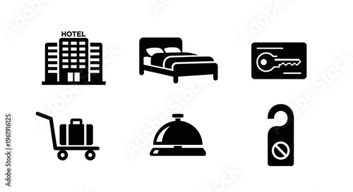 Hotel Icons: Building, Bed, Key Card, Luggage Cart, Bell, Do Not Disturb Sign