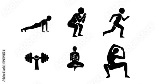 Fitness Icons: Exercise, Yoga, Weightlifting, Running, Squats, Push-ups