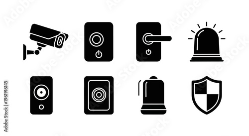 Security System Icons: Camera, Speaker, Lock, Siren, Safe, Bell, Shield